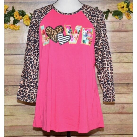 Southern Stitch Pink Raglan Cheetah Print Sleeve Top T-Shirt LOVE Graphic Size L - Picture 1 of 9